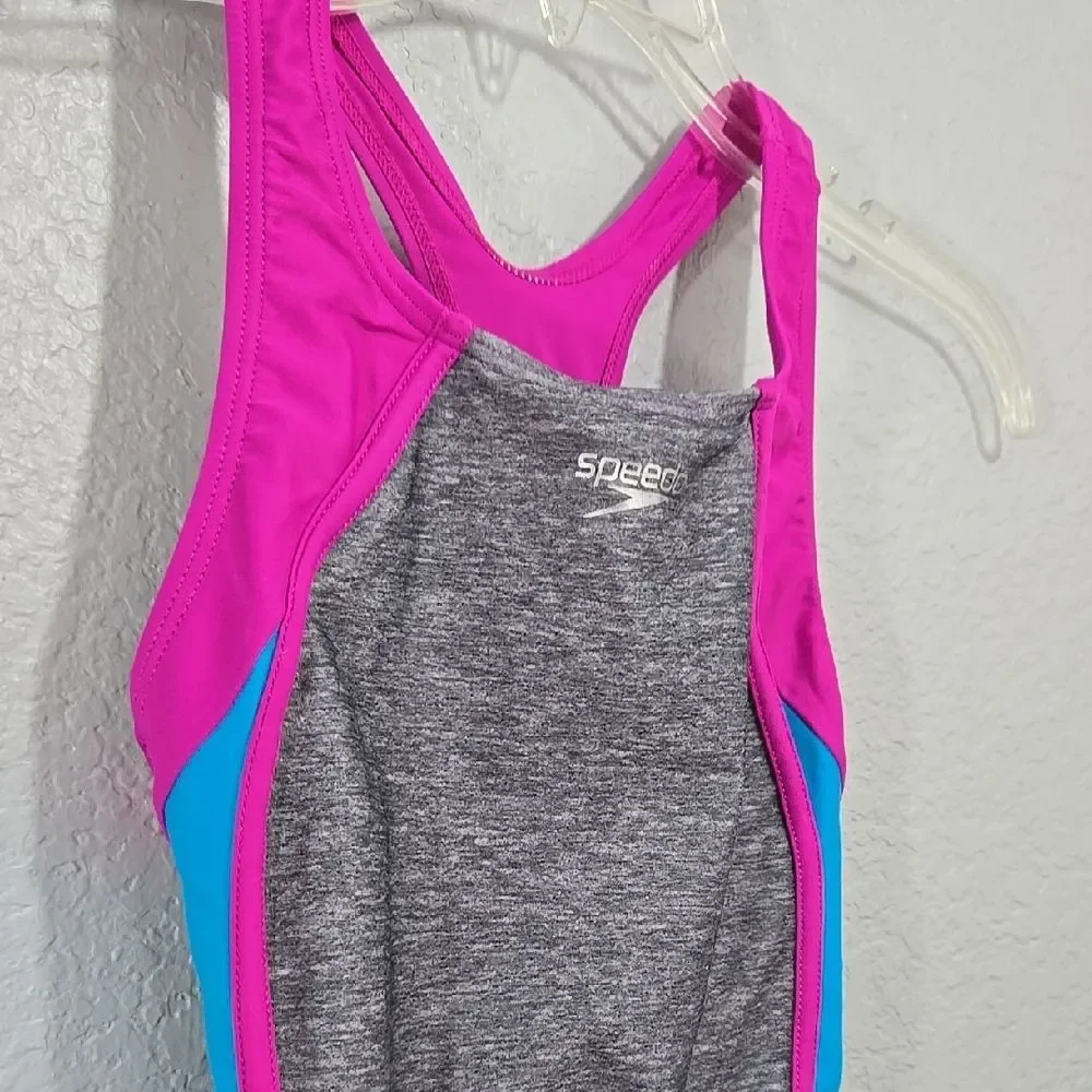 Speedo Girls One Piece Swimsuit Pink Gray Racerback UPF 50+ Size 8 Bathing Suit